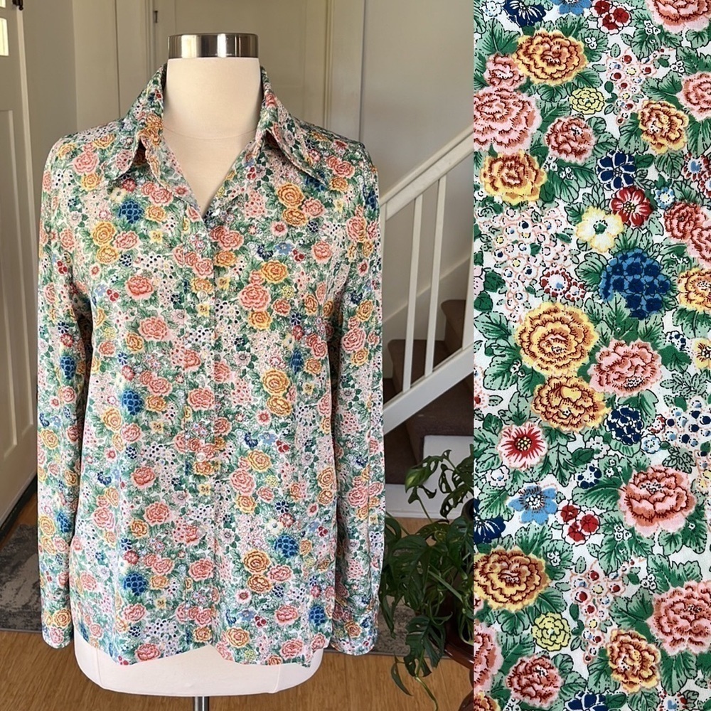 Lady Manhattan VTG Button Front Blouse in Floral Print Retro Collar Medium